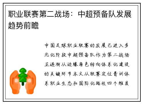职业联赛第二战场：中超预备队发展趋势前瞻